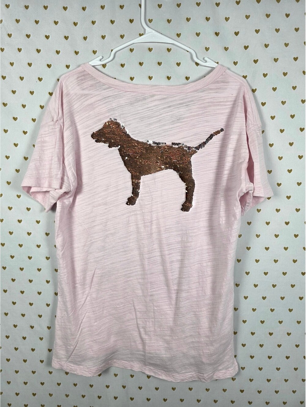 Victorias Secret PINK BLING Flip Sequin Dog Logo V neck tee shirt Small